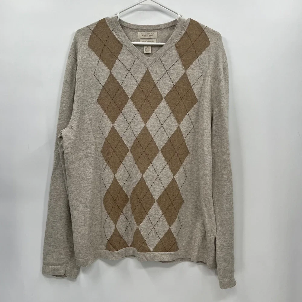 Banana Republic Large V-Neck‎ Sweater Mens Tan Argyle Cotton Cashmere Blend
